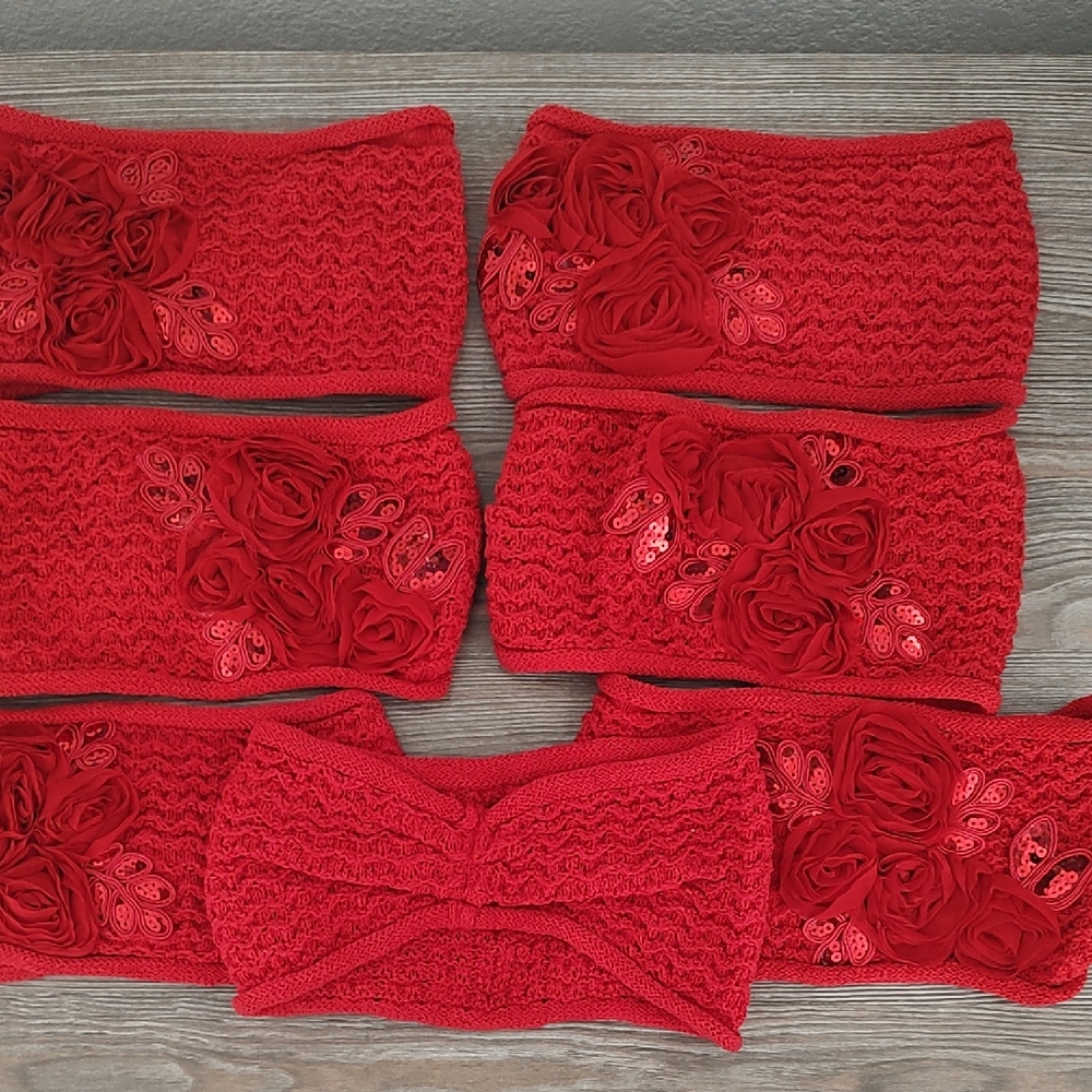Lot 7  New Crochet Knit Red Roses Sequins Headband / Neckwarmers CC Exclusives